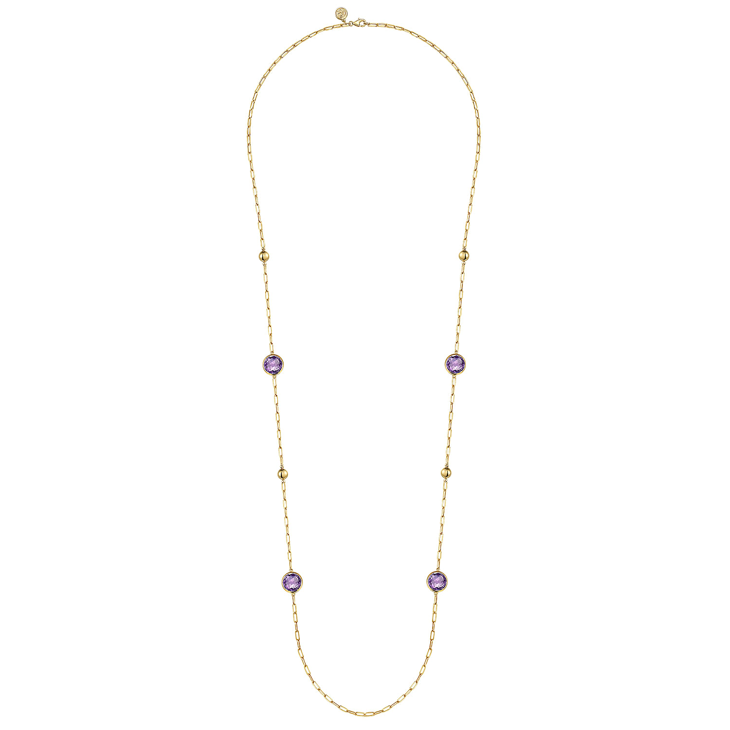 14K Yellow Gold Amethyst Round Shape Necklace With Four Stations ,Beads and Bezel Setting