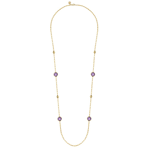 14K Yellow Gold Amethyst Round Shape Necklace With Four Stations ,Beads and Bezel Setting