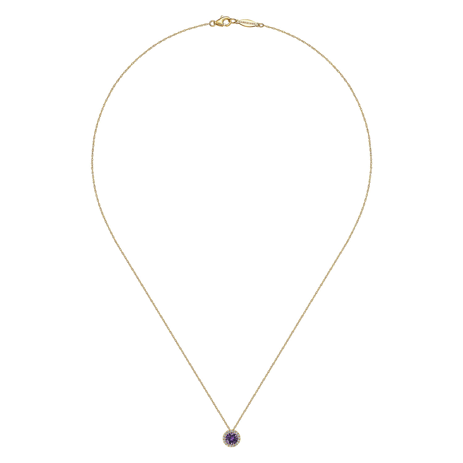 14K Yellow Gold Amethyst and Diamond Halo Pendant Necklace