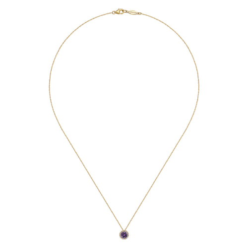 14K Yellow Gold Amethyst and Diamond Halo Pendant Necklace