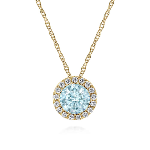 14K Yellow Gold Aquamarine and Diamond Halo Pendant Necklace