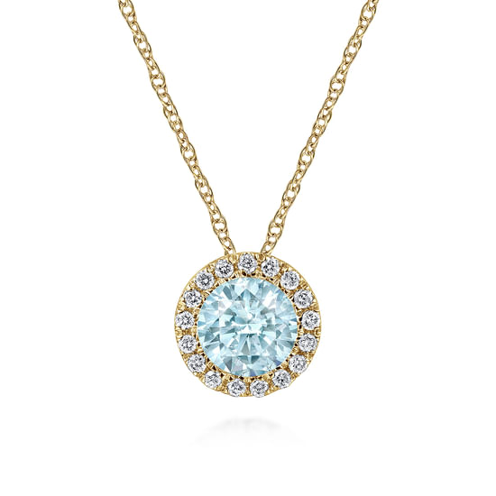 Gabriel - 14K Yellow Gold Aquamarine and Diamond Halo Pendant Necklace