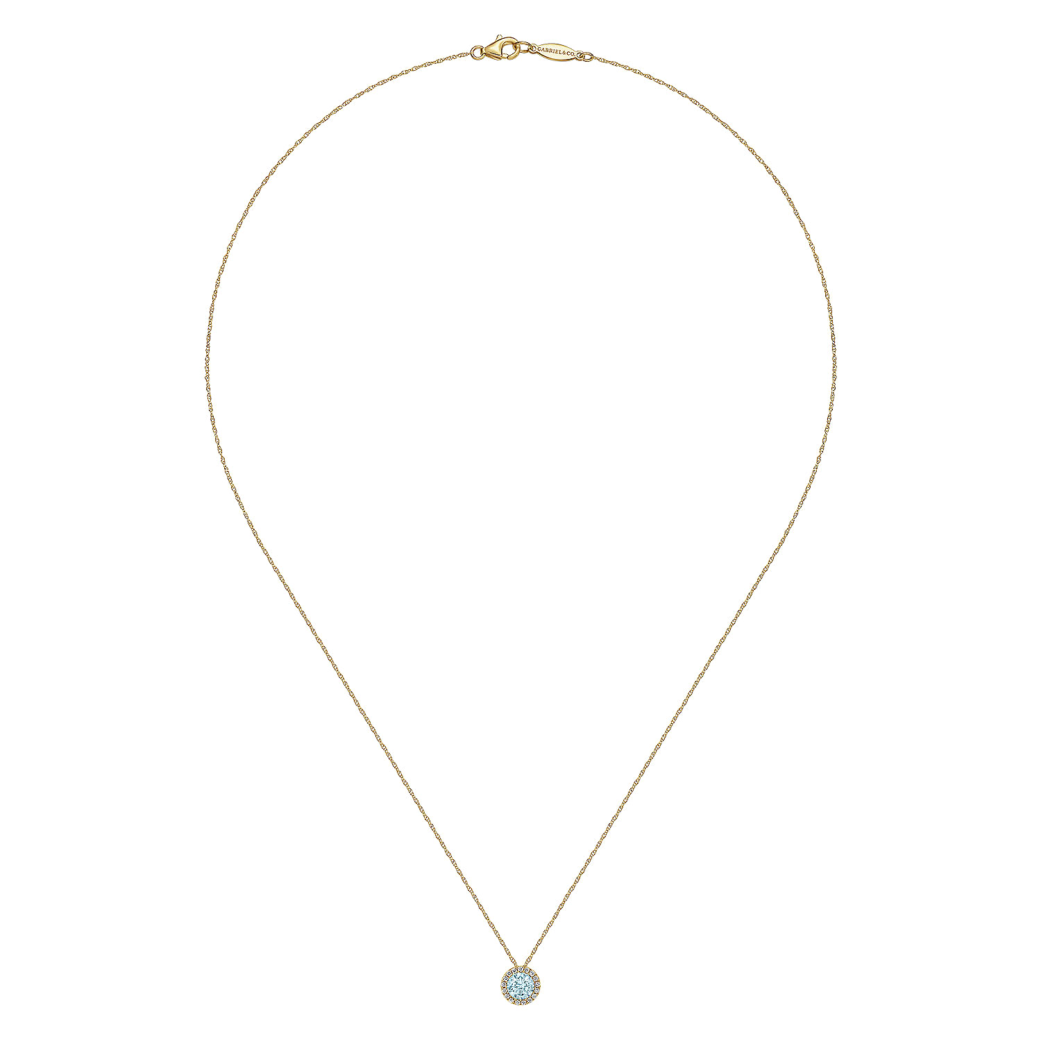 14K Yellow Gold Aquamarine and Diamond Halo Pendant Necklace