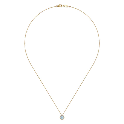 14K Yellow Gold Aquamarine and Diamond Halo Pendant Necklace