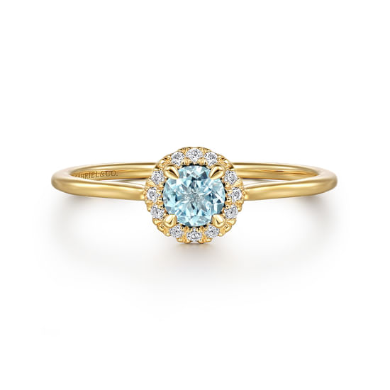 Gabriel - 14K Yellow Gold Aquamarine and Diamond Halo Promise Ring