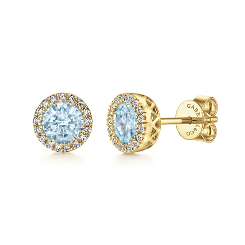 14K Yellow Gold Aquamarine and Diamond Halo Stud Earrings