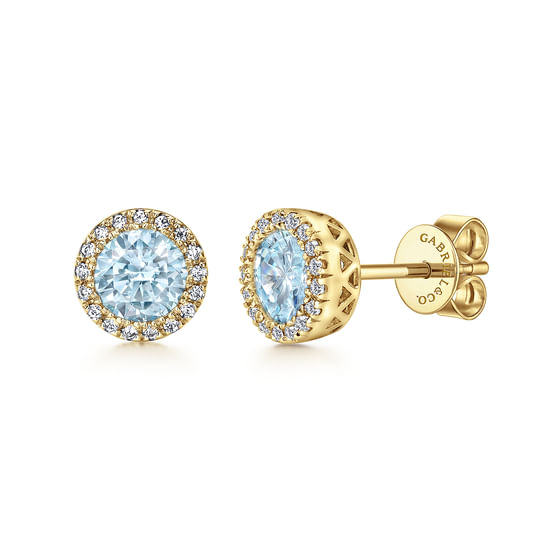 Gabriel - 14K Yellow Gold Aquamarine and Diamond Halo Stud Earrings