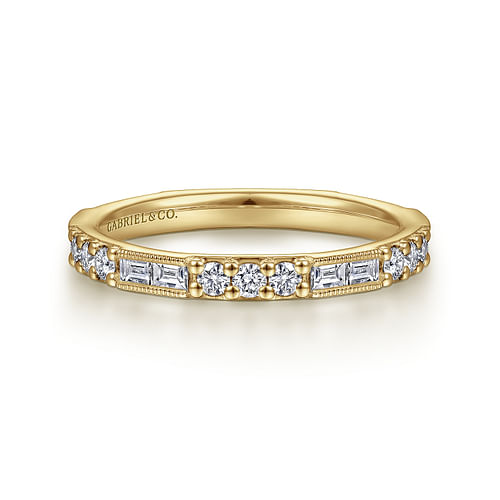 14K Yellow Gold Baguette and Round Diamond Stackable Ring