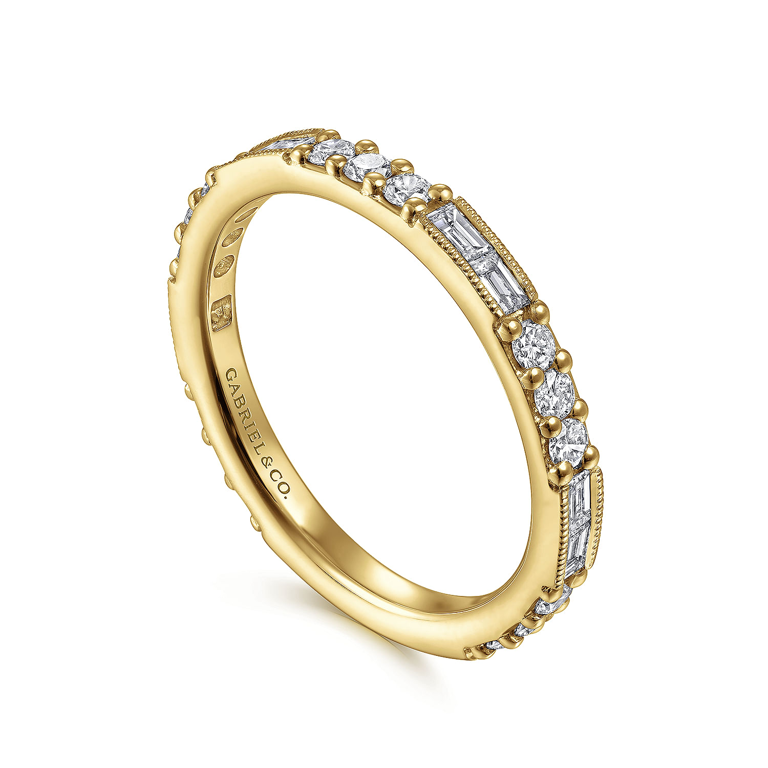 14K Yellow Gold Baguette and Round Diamond Stackable Ring