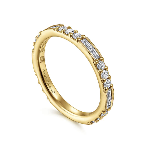 14K Yellow Gold Baguette and Round Diamond Stackable Ring