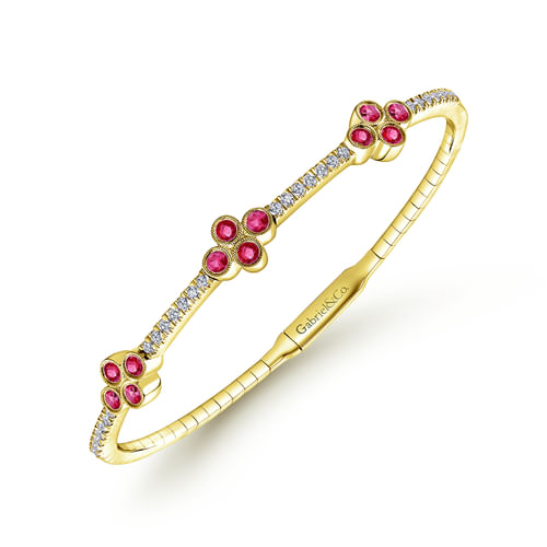 14K Yellow Gold Bangle with Diamond and Ruby Quatrefoil Stations