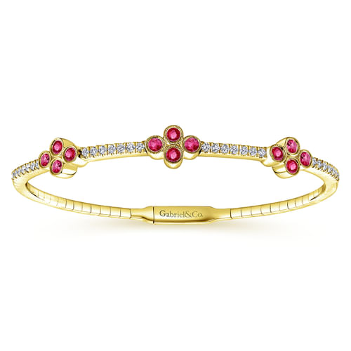 14K Yellow Gold Bangle with Diamond and Ruby Quatrefoil Stations