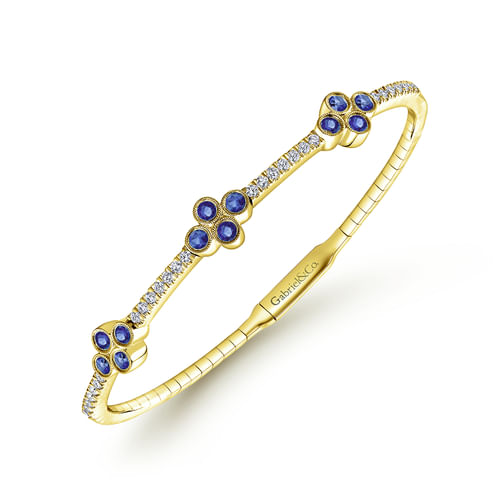 14K Yellow Gold Bangle with Diamond and Sapphire Quatrefoil Stations