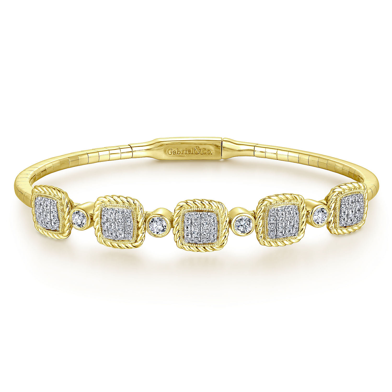 14K Yellow Gold Bangle with Twisted Rope Pavé Diamond Stations