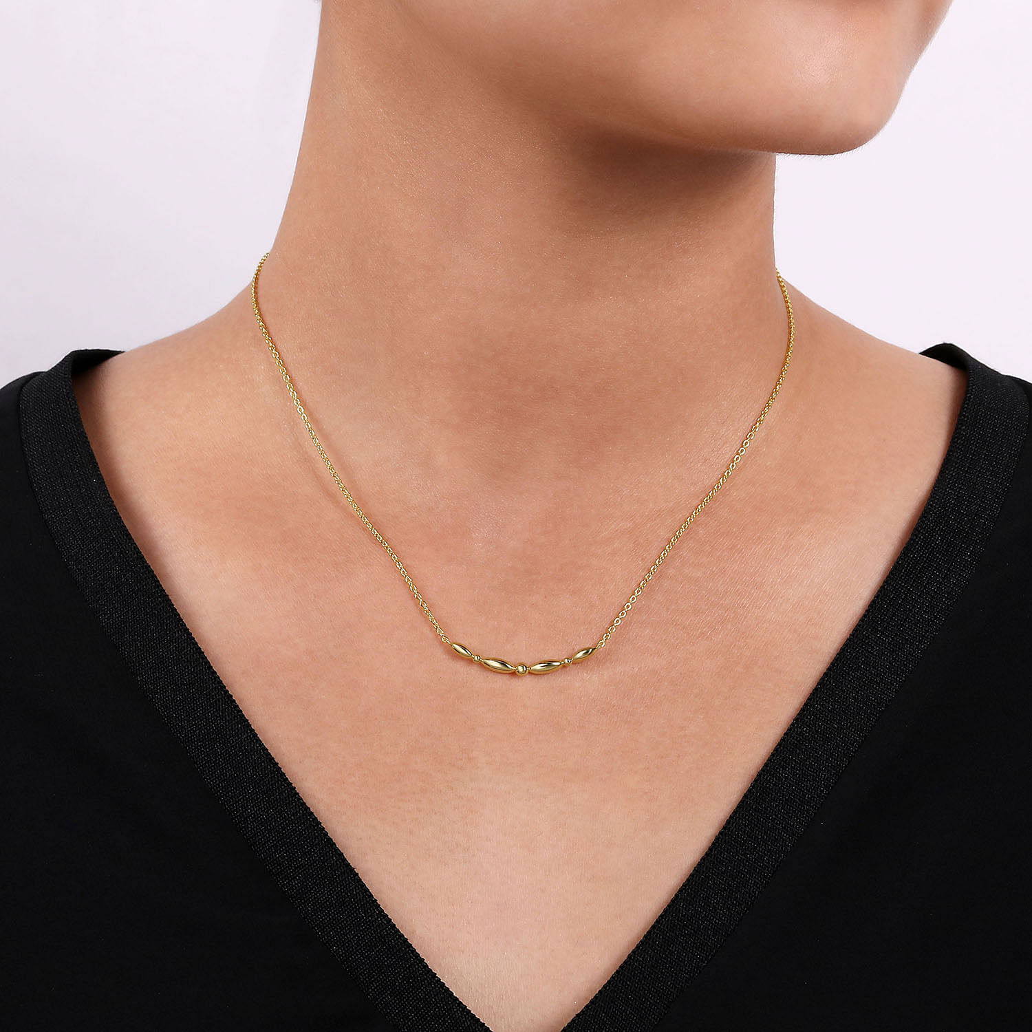 14K Yellow Gold Beaded Curved Bar Necklace