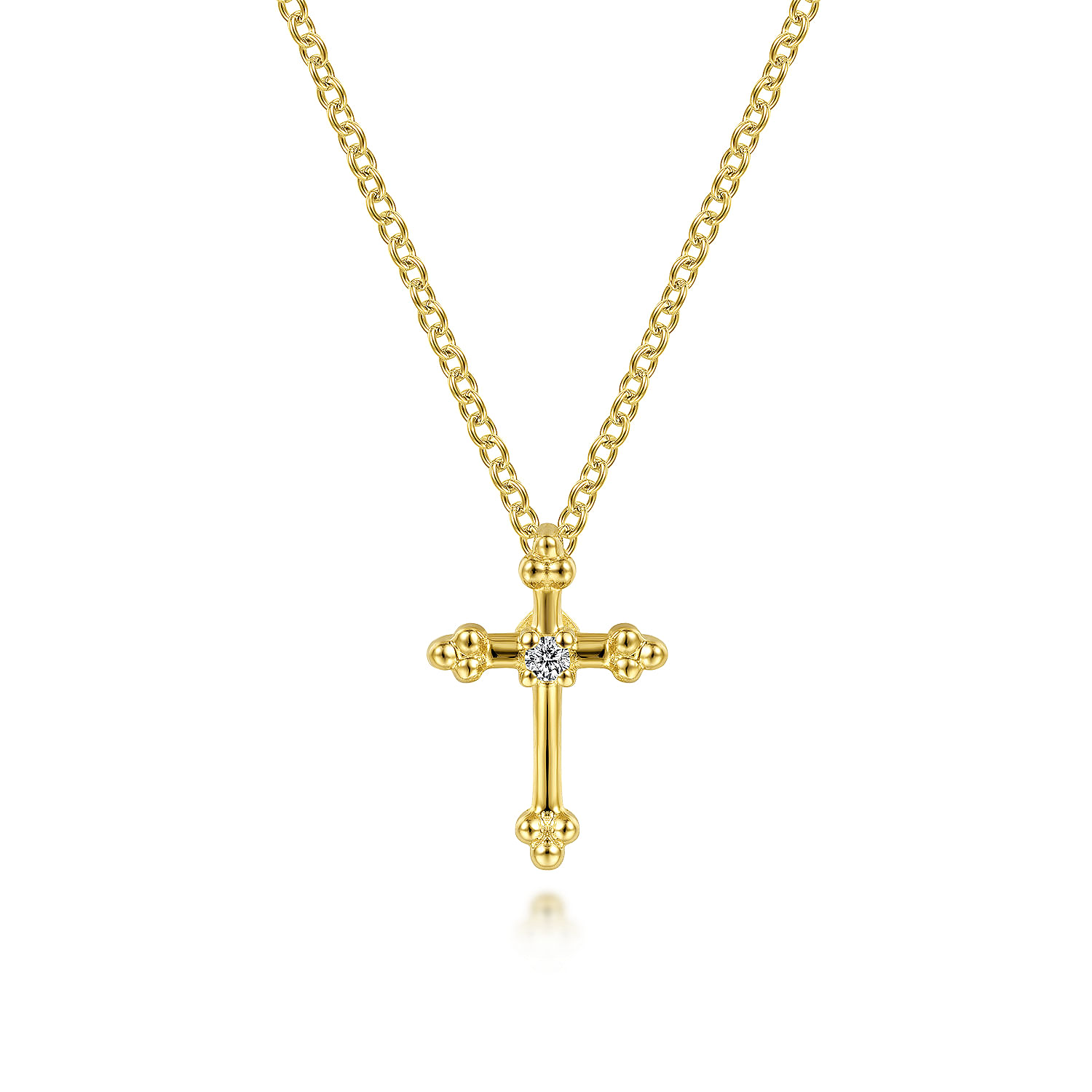 14K Yellow Gold Beaded Diamond Cross Pendant Necklace