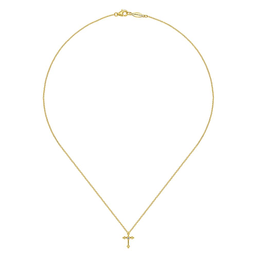 14K Yellow Gold Beaded Diamond Cross Pendant Necklace