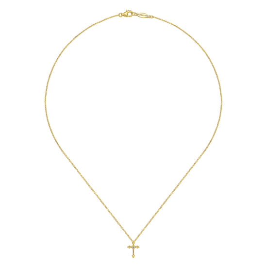 14K Yellow Gold Beaded Diamond Cross Pendant Necklace angle 2