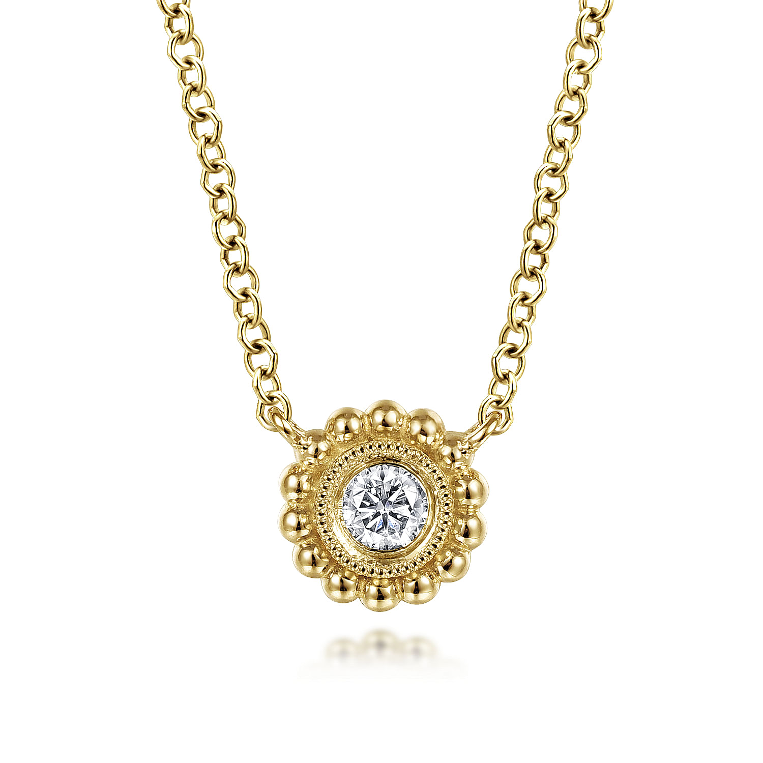 14K Yellow Gold Beaded Round Bezel Set Diamond Pendant Necklace