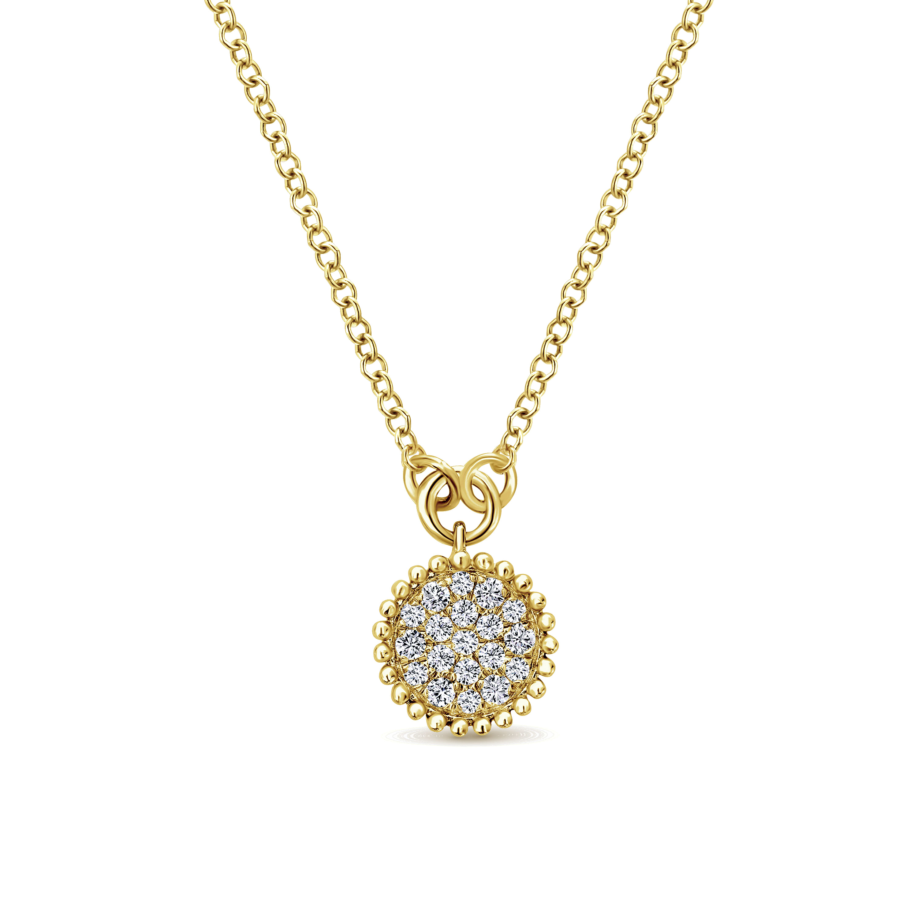 14K Yellow Gold Beaded Round Diamond Cluster Pendant Necklace