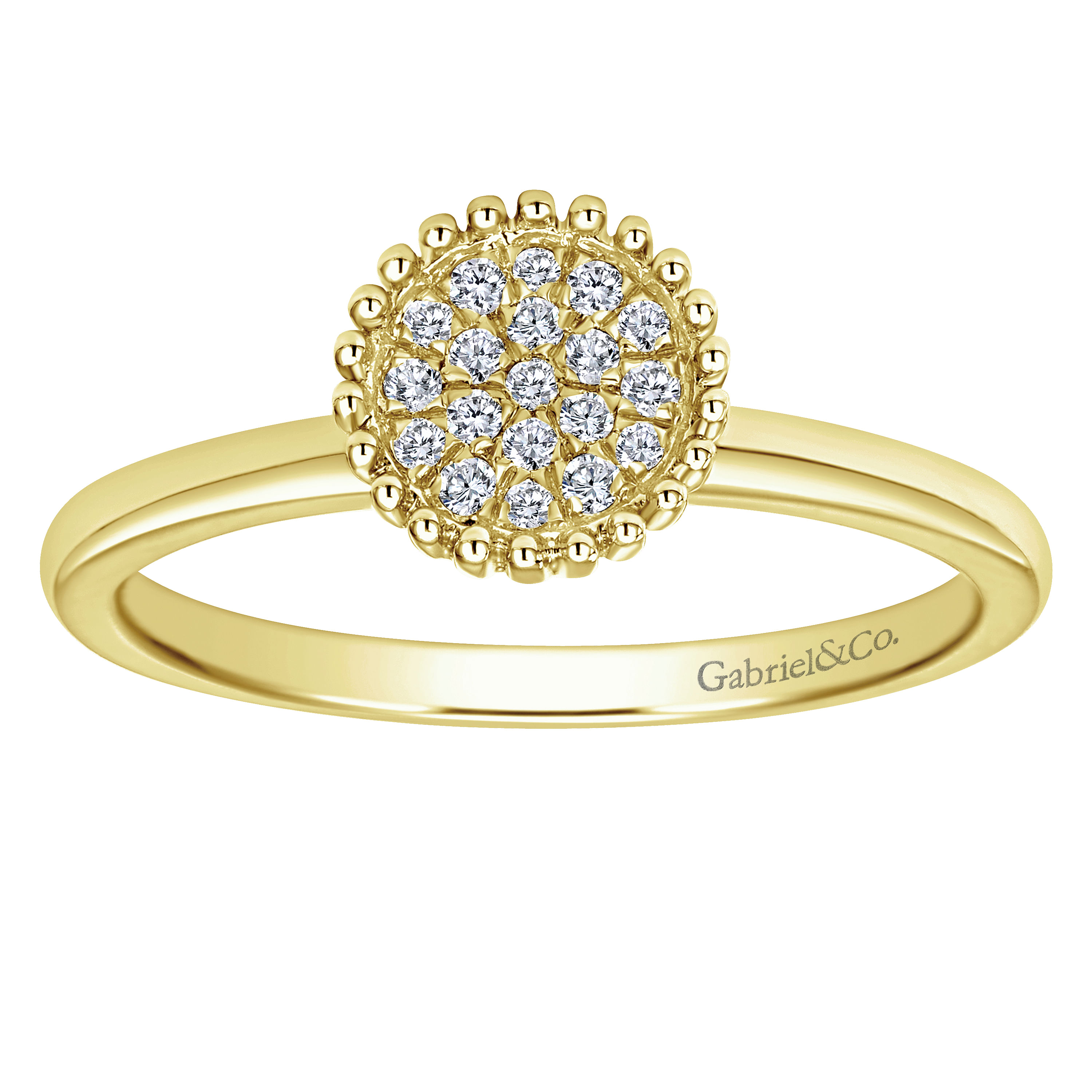 14K Yellow Gold Beaded Round Diamond Pavé Ladies Ring