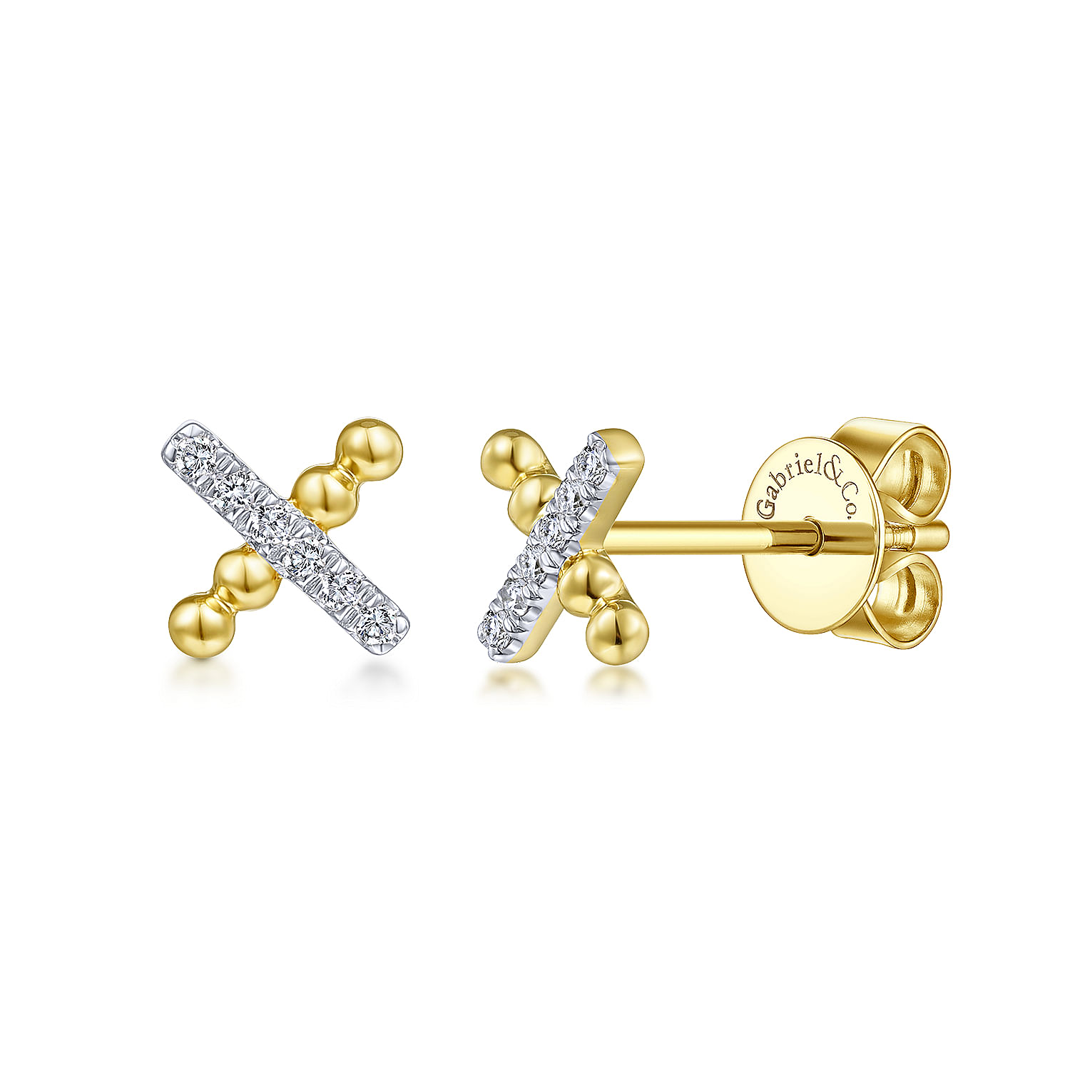 14K Yellow Gold Beaded and Diamond X Stud Earrings