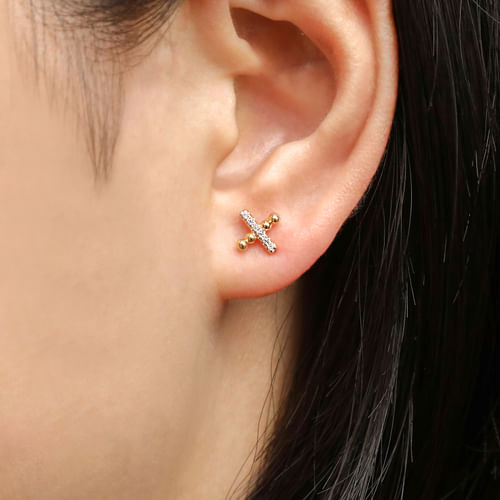 14K Yellow Gold Beaded and Diamond X Stud Earrings