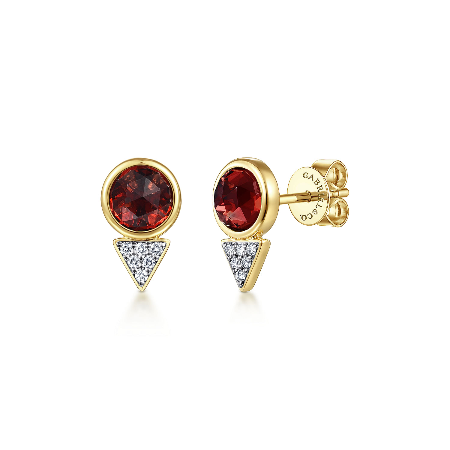 14K Yellow Gold Bezel Garnet and Diamond Cluster Stud Earrings