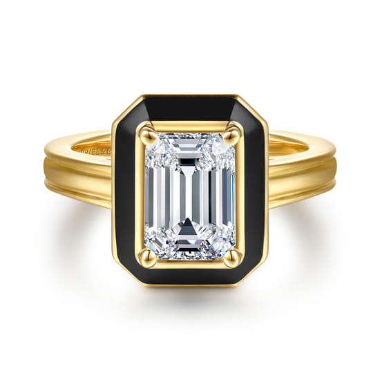 Gabriel - 14K Yellow Gold Bezel Prong Black Enamel Emerald Cut Solitaire Diamond Engagement Ring