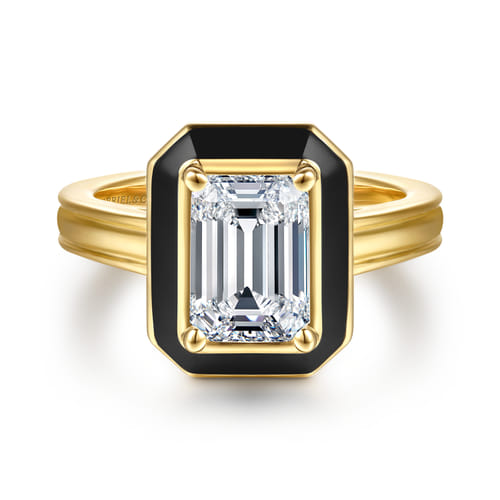14K Yellow Gold Bezel Prong Black Enamel Emerald Cut Solitaire Diamond Engagement Ring 14K Yellow Gold Bezel Prong Black Enamel Emerald Cut Solitaire Diamond Engagement Ring