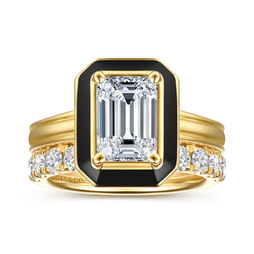14K Yellow Gold Bezel Prong Black Enamel Emerald Cut Solitaire Diamond Engagement Ring 14K Yellow Gold Bezel Prong Black Enamel Emerald Cut Solitaire Diamond Engagement Ring