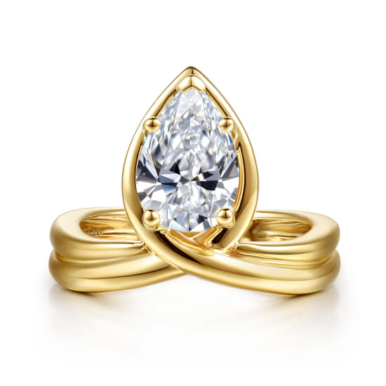 14K Yellow Gold Bezel Prong Bypass Pear Shape Diamond Engagement Ring