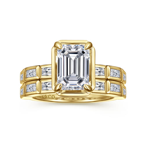 14K Yellow Gold Bezel Prong Emerald Cut Diamond Engagement Ring