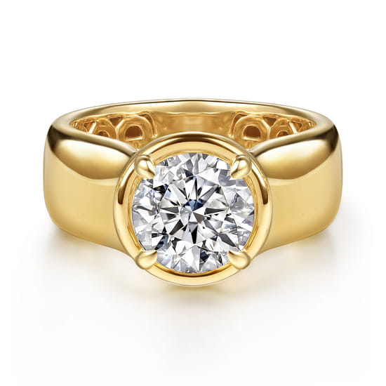 14K Yellow Gold Bezel Prong Round Wide Band Diamond Engagement Ring 14K Yellow Gold Bezel Prong Round Wide Band Diamond Engagement Ring