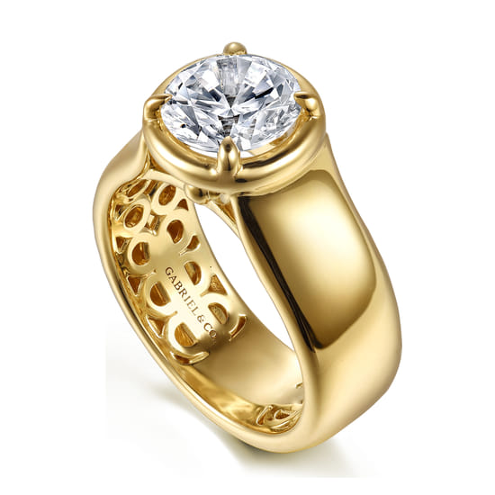 14K Yellow Gold Bezel Prong Round Wide Band Diamond Engagement Ring angle 3 14K Yellow Gold Bezel Prong Round Wide Band Diamond Engagement Ring angle 3