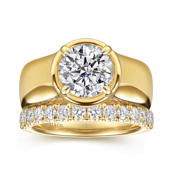 14K Yellow Gold Bezel Prong Round Wide Band Diamond Engagement Ring angle 4 14K Yellow Gold Bezel Prong Round Wide Band Diamond Engagement Ring angle 4