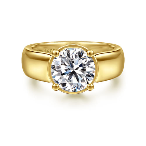 14K Yellow Gold Bezel Prong Wide Band Round Diamond Engagement Ring