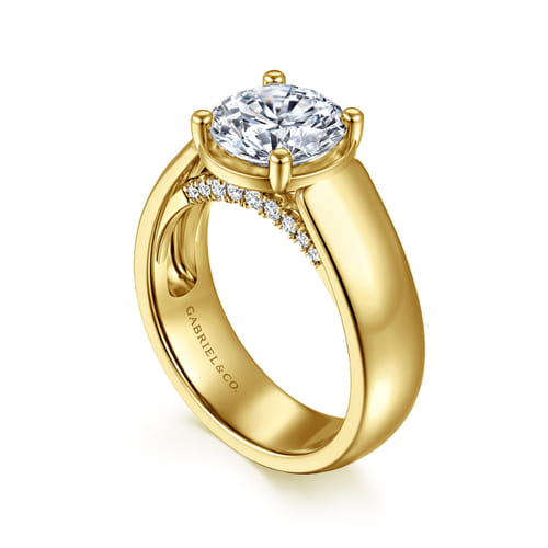 14K Yellow Gold Bezel Prong Wide Band Round Diamond Engagement Ring