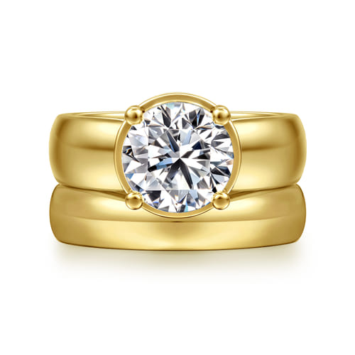 14K Yellow Gold Bezel Prong Wide Band Round Diamond Engagement Ring