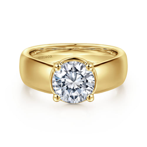 14K Yellow Gold Bezel Prong Wide Band Round Diamond Engagement Ring