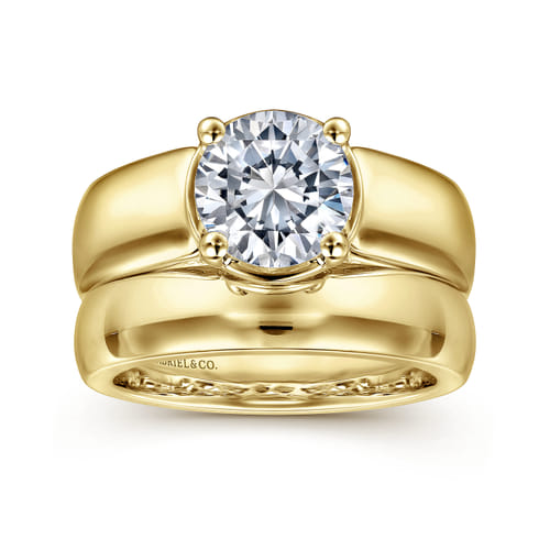 14K Yellow Gold Bezel Prong Wide Band Round Diamond Engagement Ring