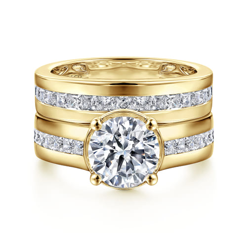 14K Yellow Gold Bezel Prong Wide Band Round Diamond Engagement Ring 14K Yellow Gold Bezel Prong Wide Band Round Diamond Engagement Ring