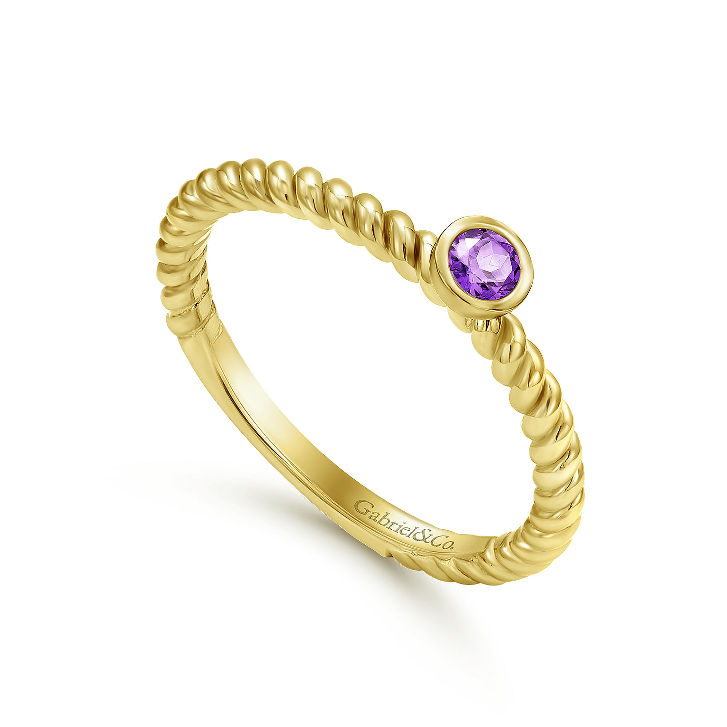 14K Yellow Gold Bezel Set Amethyst Ring with Twisted Rope Shank