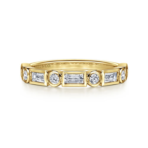 14K Yellow Gold Bezel Set Baguette and Round Diamond Anniversary Band