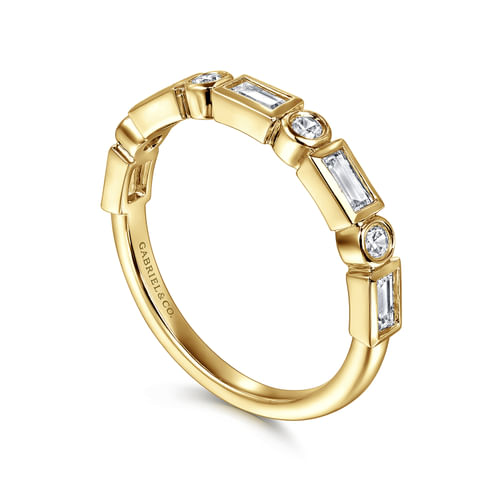 14K Yellow Gold Bezel Set Baguette and Round Diamond Anniversary Band