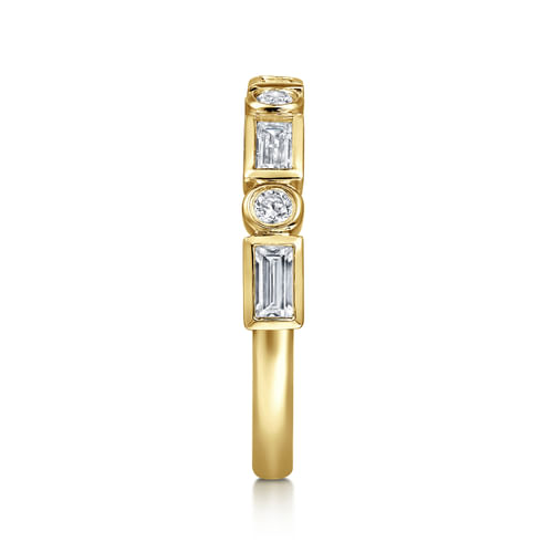 14K Yellow Gold Bezel Set Baguette and Round Diamond Anniversary Band