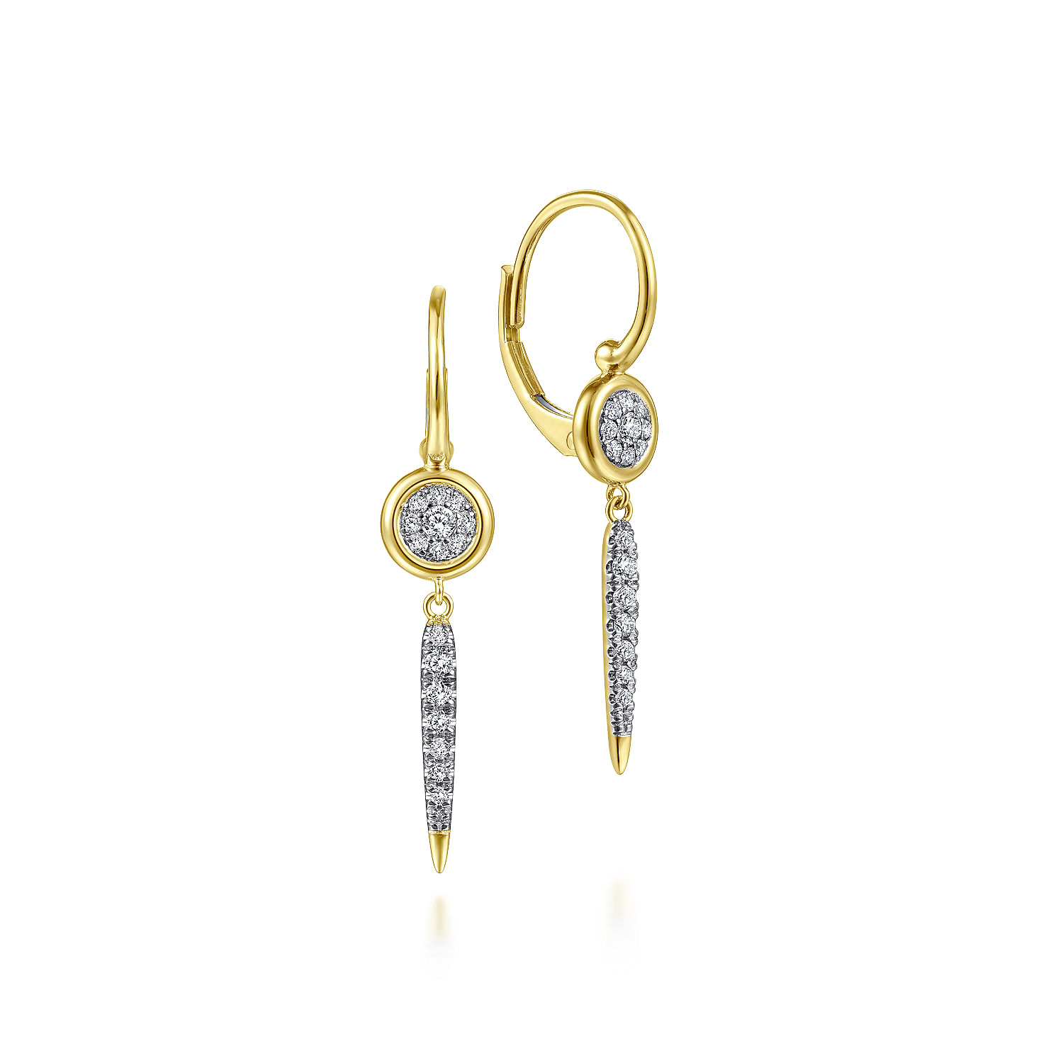 Gabriel - 14K Yellow Gold Bezel Set Diamond Cluster with Diamond Spike Drop Earrings