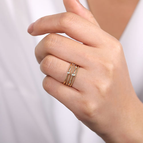 14K Yellow Gold Bezel Set Diamond Station Layered Ring