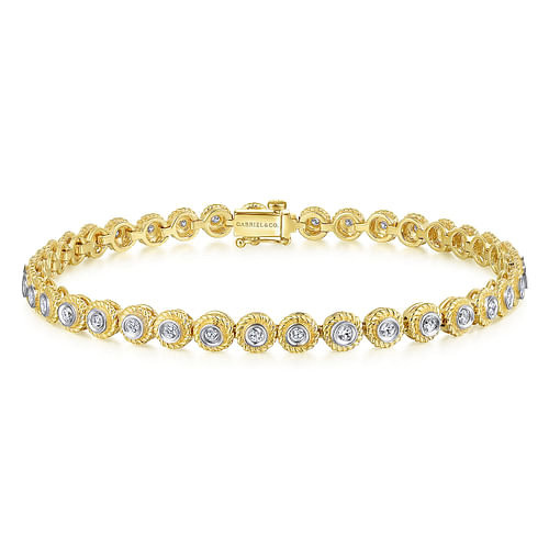 14K Yellow Gold Bezel Set Diamond Tennis Bracelet with Twisted Rope Frame