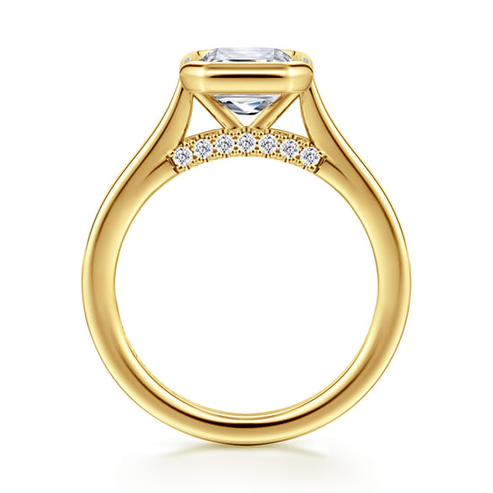 14K Yellow Gold Bezel Set Emerald Cut Diamond Engagement Ring angle 2